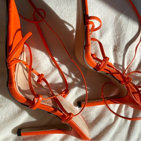 Bright Orange Lace-Up Strappy Women's Heels Pointy Toe - Picture 6 of 9